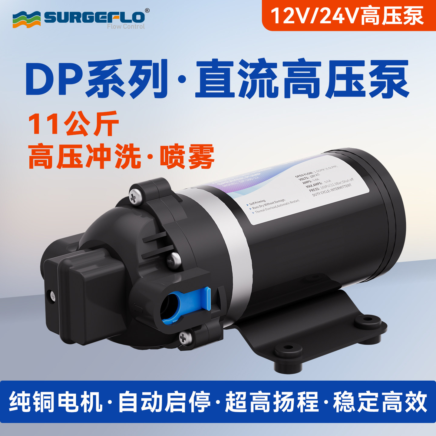 DP-160高压力隔膜水泵12v24v小型电动净水喷雾器增加压路清洗车机