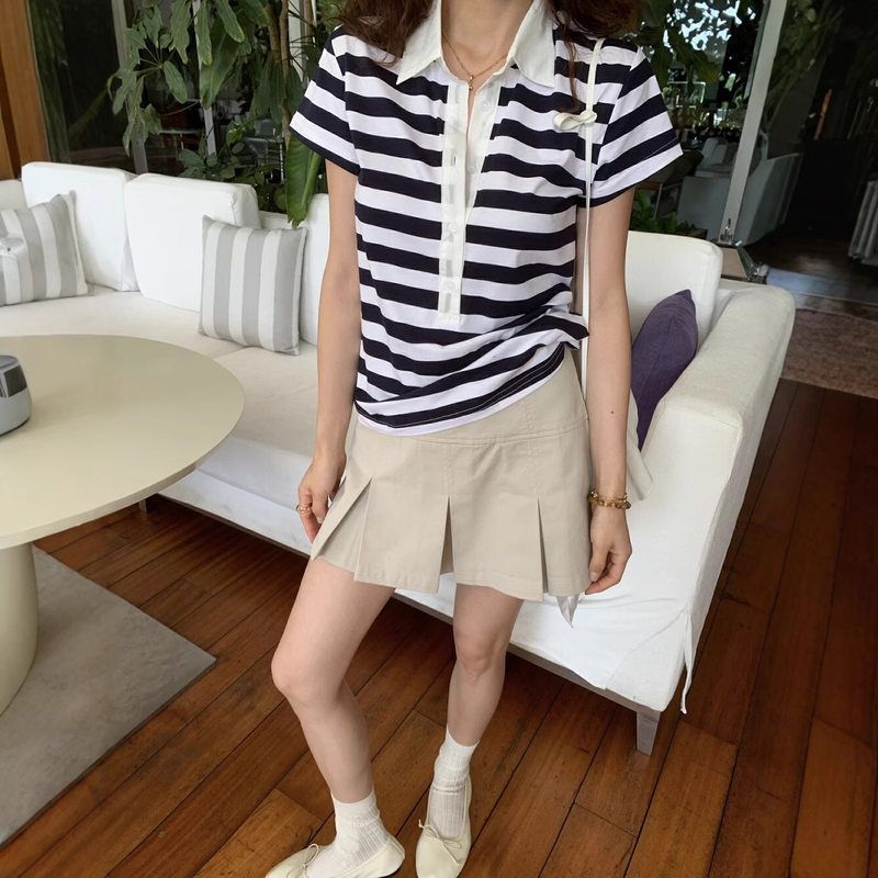 美式复古撞色条纹polo领短袖t恤女夏季修身显瘦百搭休闲正肩上衣