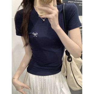 小众蝴蝶结刺绣短袖 正肩灰色甜辣小上衣 T恤女夏季 小个子减龄修身