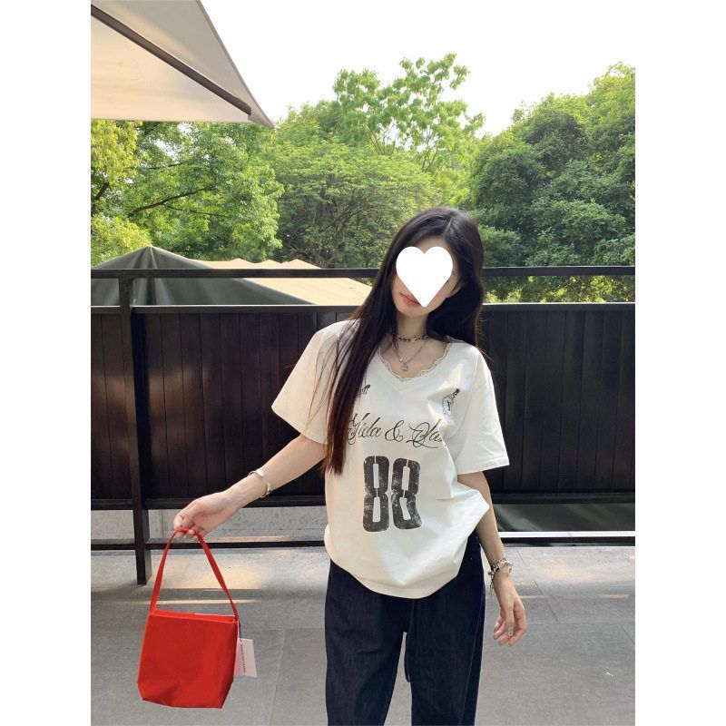 美式白色字母印花短袖t恤女夏季2025新款薄款宽松V领蕾丝拼接上衣