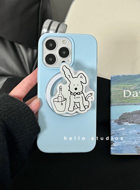 hello studios奶蓝色液态硅胶磁吸小狗支架手机壳适用13苹果17promax新款iPhone16proMax全包14PRO防摔15软11