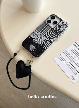 hello studios韩系黑色拼接挂绳手机壳适用苹果17promax新款iPhone16PRo/14pro双层印花壳15/13