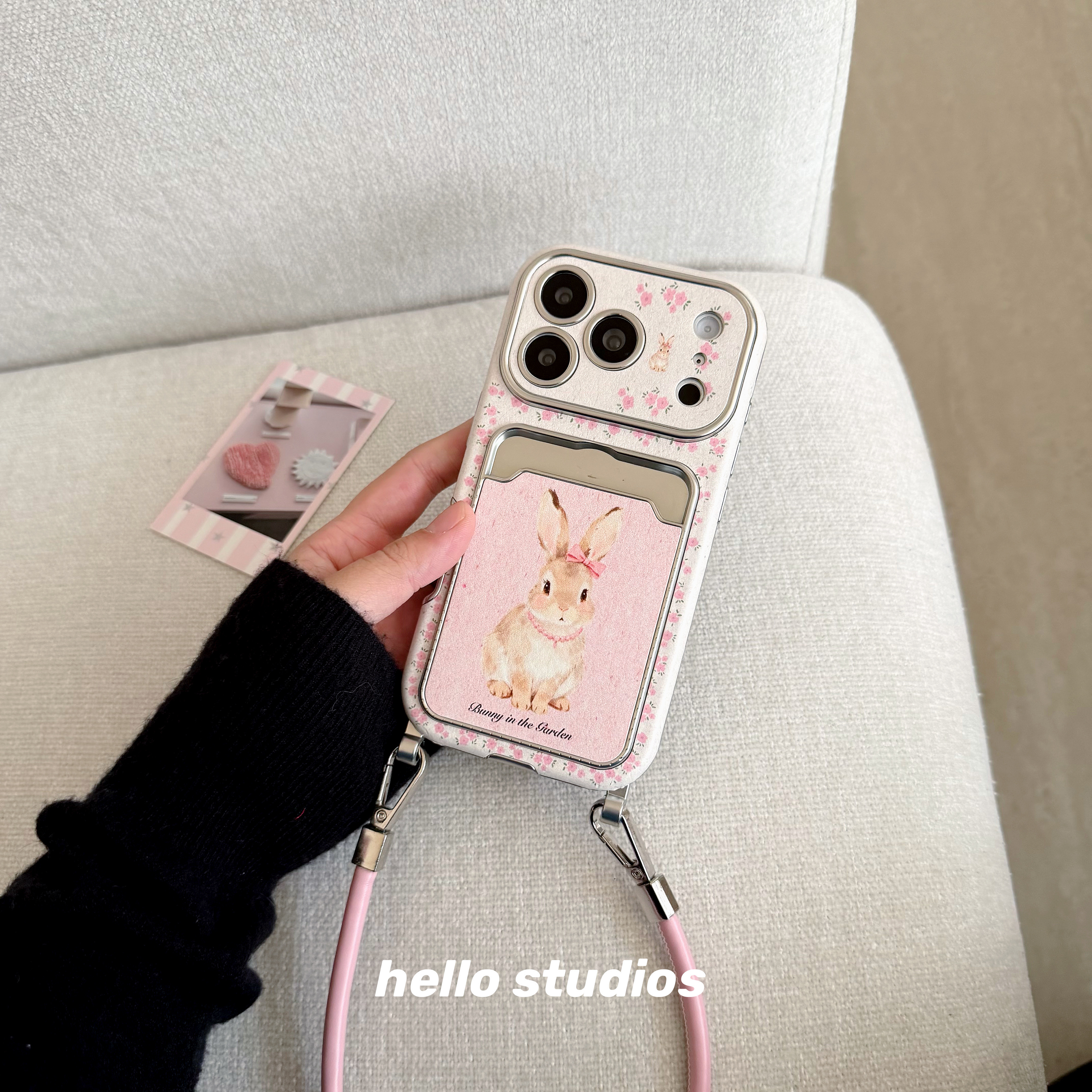 hello studios粉色碎花兔子卡包挂绳手机壳适用苹果17promax新款iPhone16PRo/14pro壳15/17pro,3C数码配件,手机保护套/壳,淘宝优惠券,粉丝福利购,淘宝优惠卷