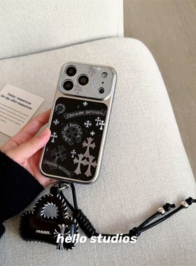 hello studios小众黑色闪粉十字架挂绳手机壳适用苹果17promax新款iPhone16PRo/14pro壳15/17pro