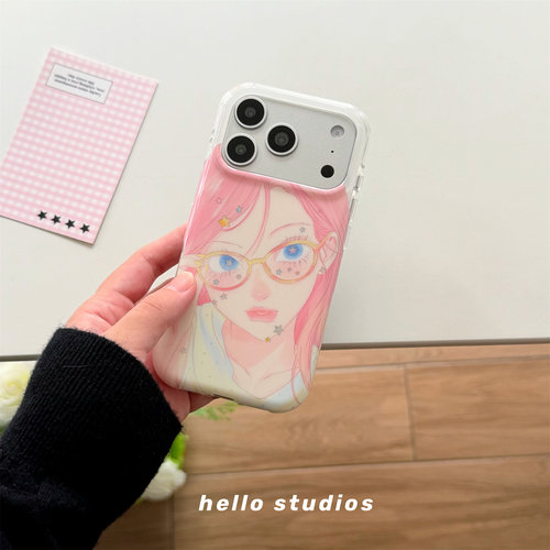 卡通ins粉发眼镜少女双层手机壳