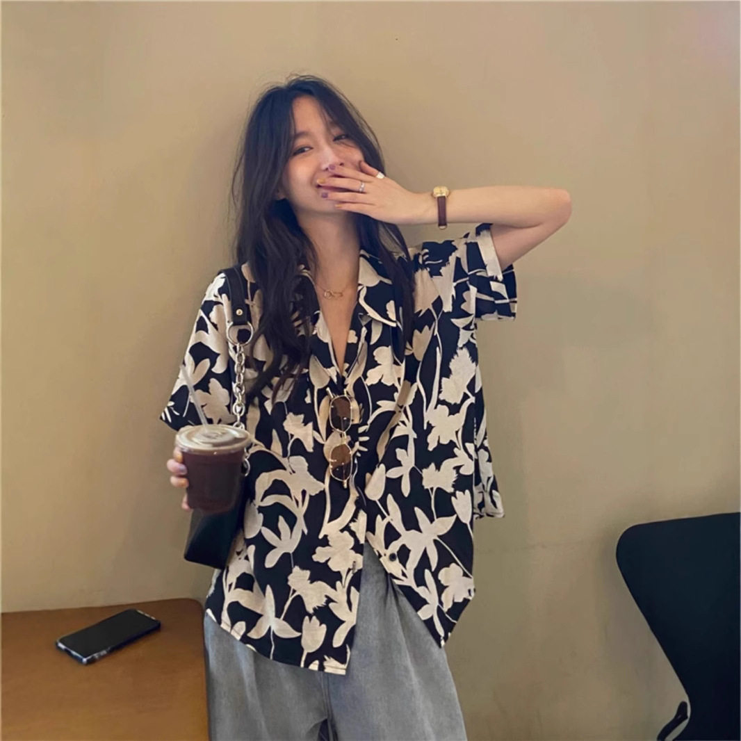 盐系复古桔梗印花衬衫女夏港味c衬衫