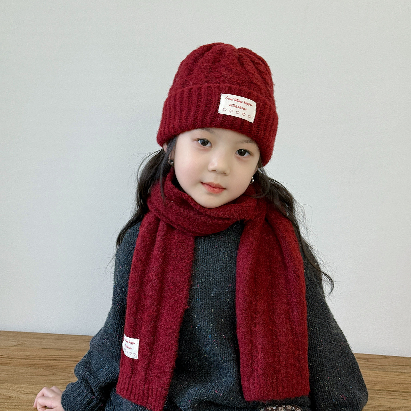 儿童帽子女孩冬季保暖针织帽秋冬季女童围巾套装洋气红色圣诞户外