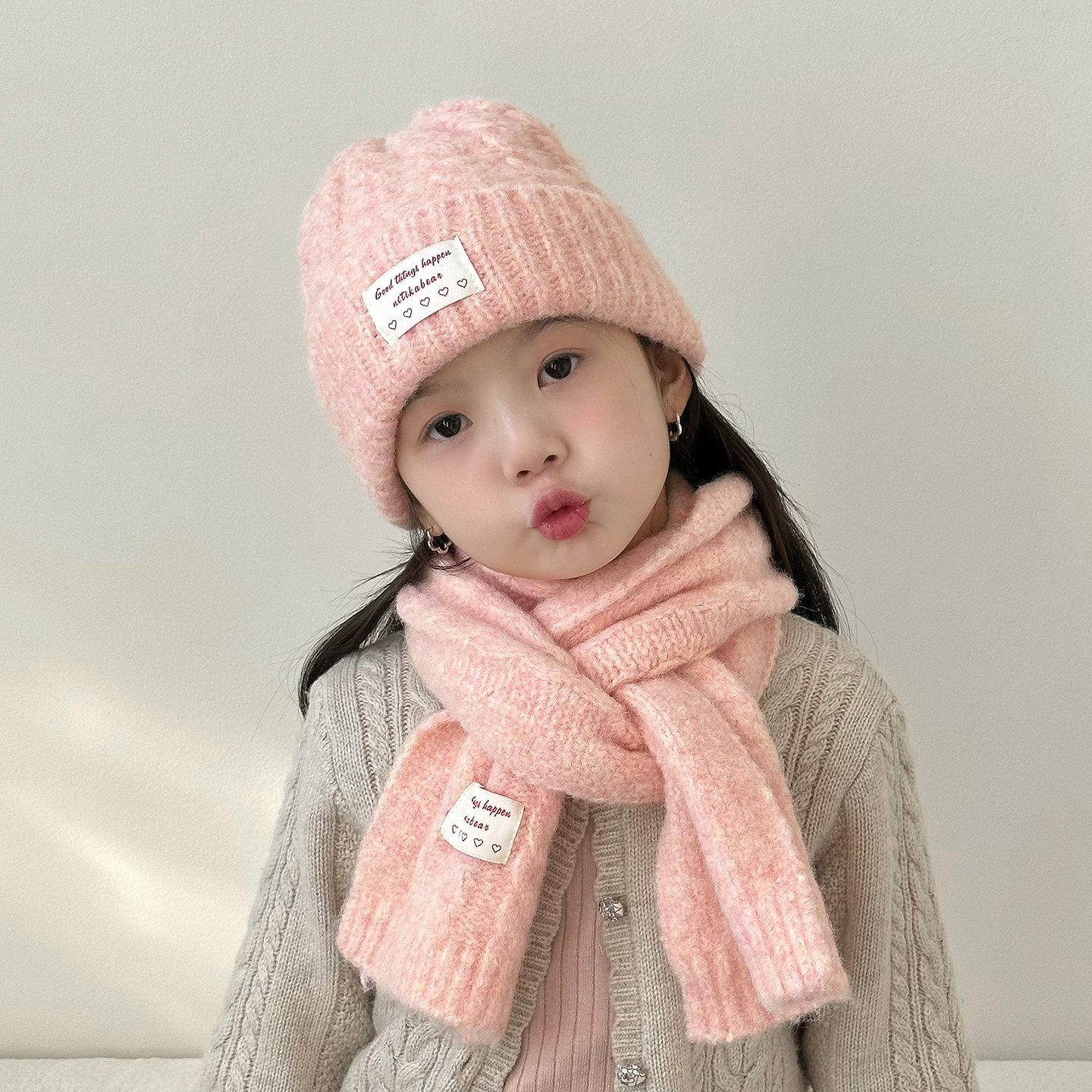 女童帽子2025新款毛线帽冬季儿童针织帽围巾套装洋气女孩户外防风