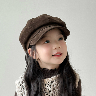 儿童帽子女孩秋冬季贝雷帽韩版洋气女童简约复古八角帽冬天前进帽