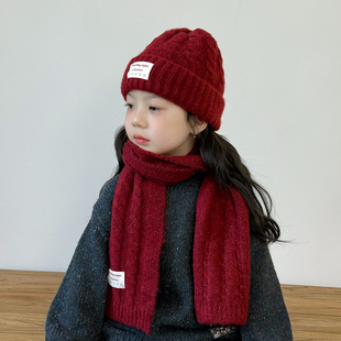 儿童帽子围巾套装冬季女孩户外保暖护耳女童针织帽洋气红色毛线帽