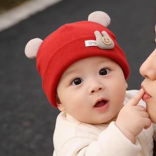 婴儿帽子6到12个月小月龄宝宝保暖帽秋冬季红色可爱超萌洋气男宝