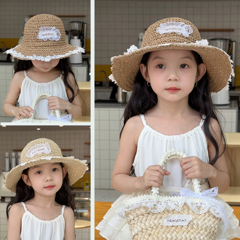 儿童帽子女孩夏季大帽檐草帽甜美女童遮阳防晒渔夫帽出游海边沙滩