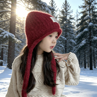 女童帽子2025新款冬季儿童毛线帽洋气百搭女孩户外红色针织帽保暖