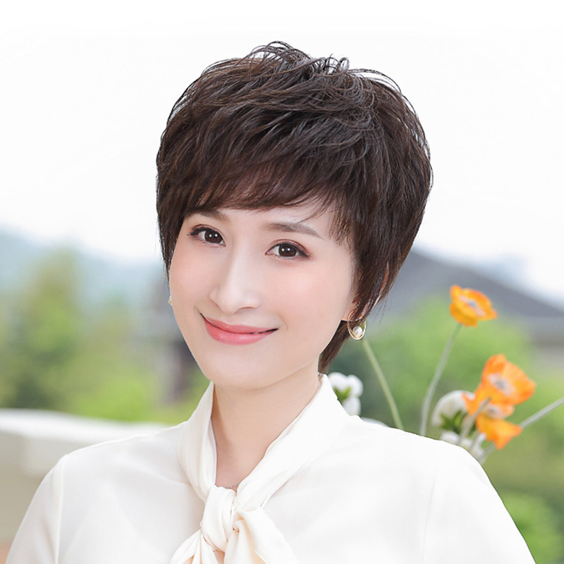 假发女短发短卷发气质真人发丝自然时尚中老年妈妈斜刘海全头套式