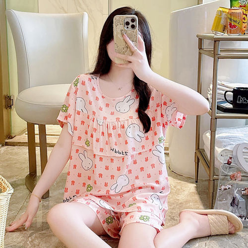 夏季棉绸防凸点睡衣套装女胖mm