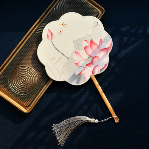 中国风复古单面印花榉木柄团扇