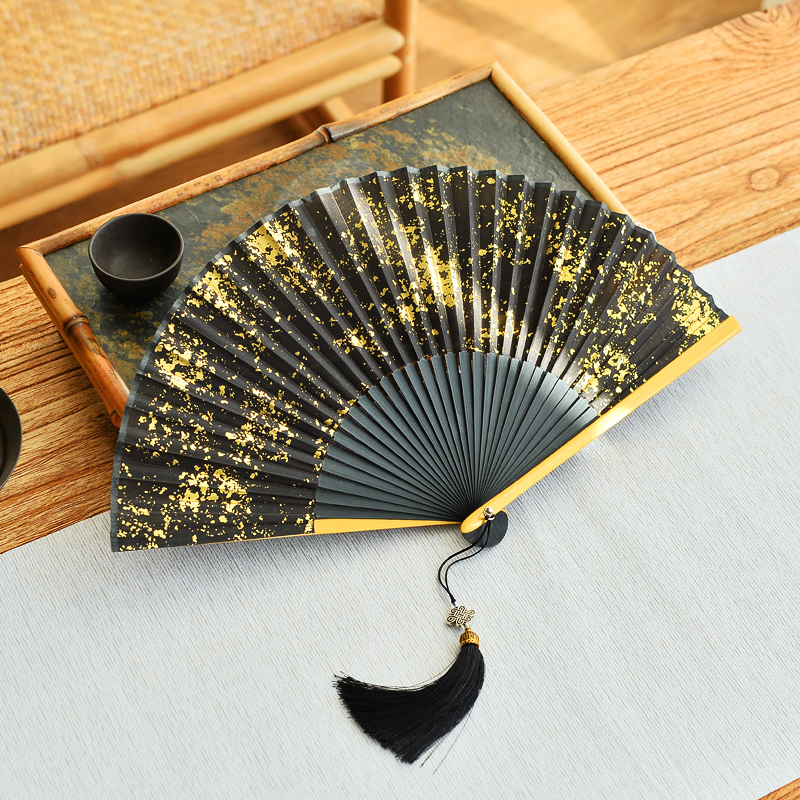 中国风洒金绢布头青竹古风折扇