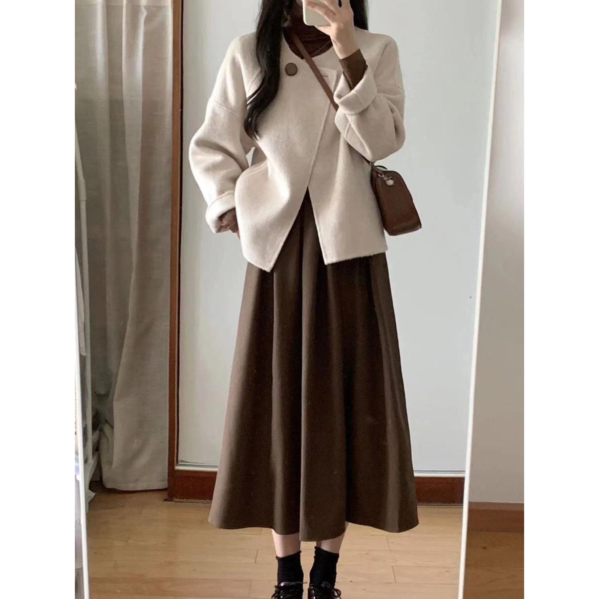 深秋冬小香风毛呢外套女高级感穿搭配一整套微胖显瘦连衣裙子套装