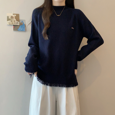 孕妇慵懒风半高领流苏毛衣孕期秋冬内搭加厚针织衫大码显瘦打底衫