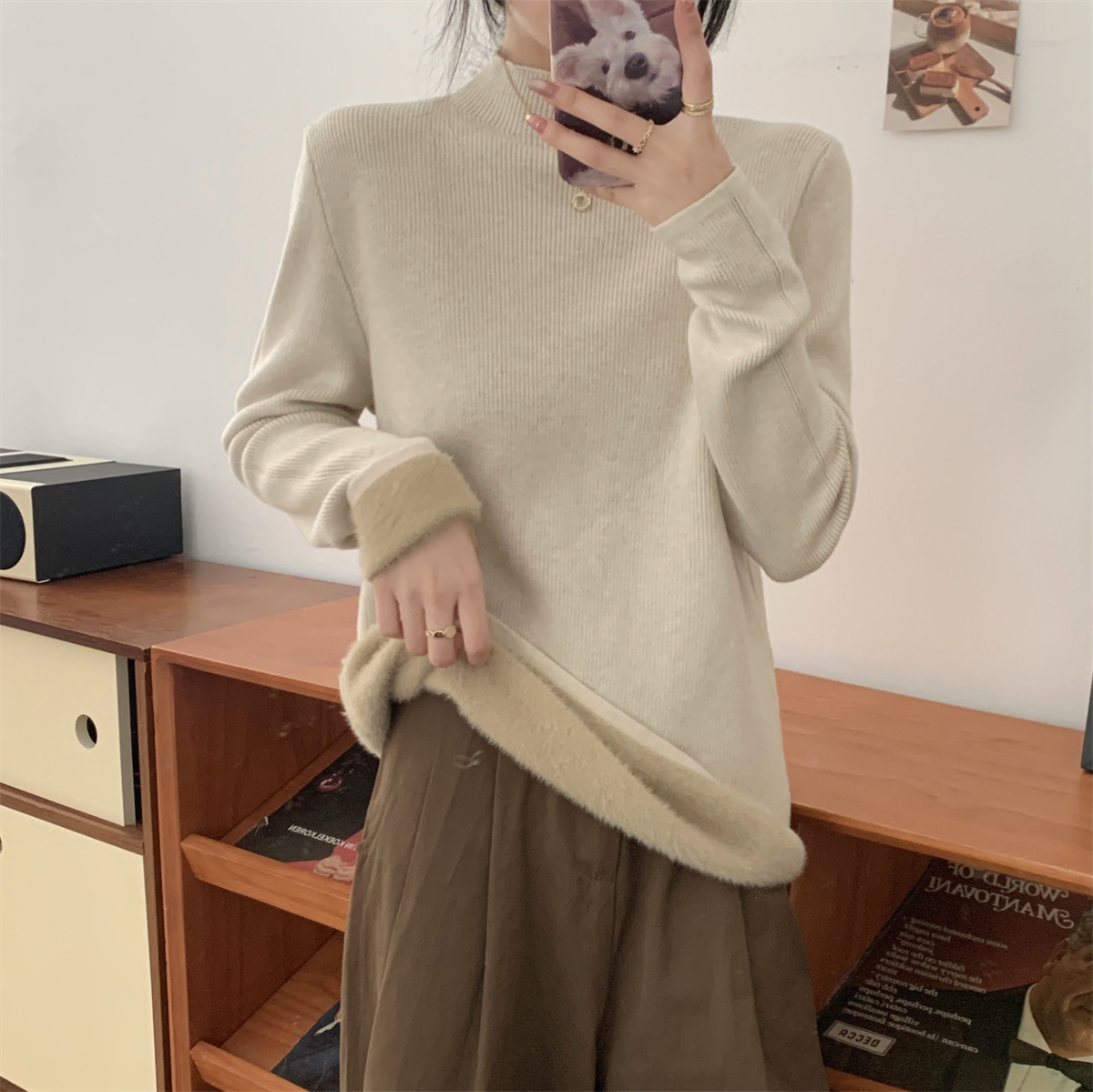 孕妇秋冬加绒毛衣女加厚一体绒内搭半高领套头打底针织衫保暖上衣