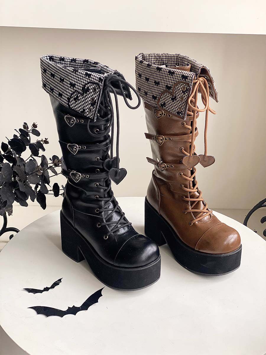 2026 Spring New Bow High Top Boots Thick Bottom Round Head Mid Length Boots Black Caramel_voghion.com