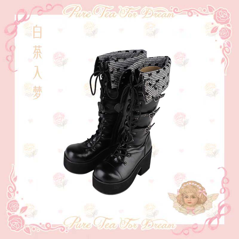 2026 Spring New Bow High Top Boots Thick Bottom Round Head Mid Length Boots Black Caramel_voghion.com