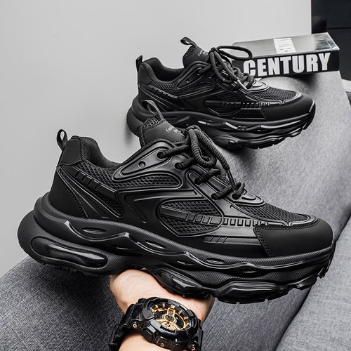黑武士男鞋冬季男士气垫减震防滑跑步运动休闲增高黑色老爹潮鞋男