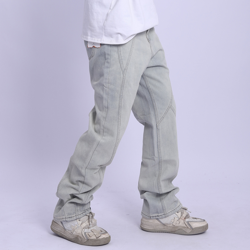 小杭还没吃饱螺纹宽松直筒牛仔裤