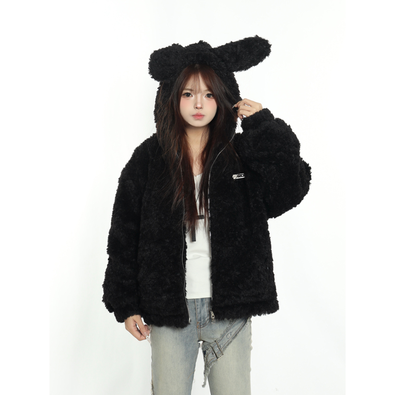 美式兔耳毛绒连帽棉衣男女情侣潮