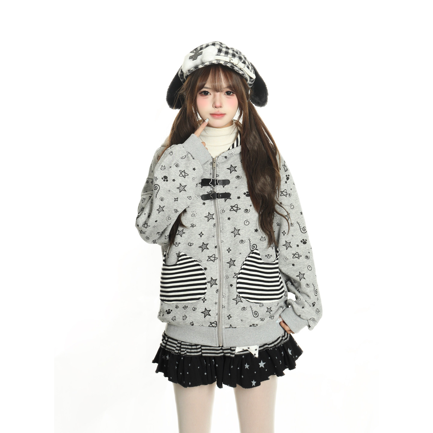 小杭还没吃饱原创甜酷满印星星连帽开衫卫衣女刺绣条纹兔耳朵外套,女装/女士精品,卫衣/绒衫,淘宝优惠券,粉丝福利购,淘宝优惠卷