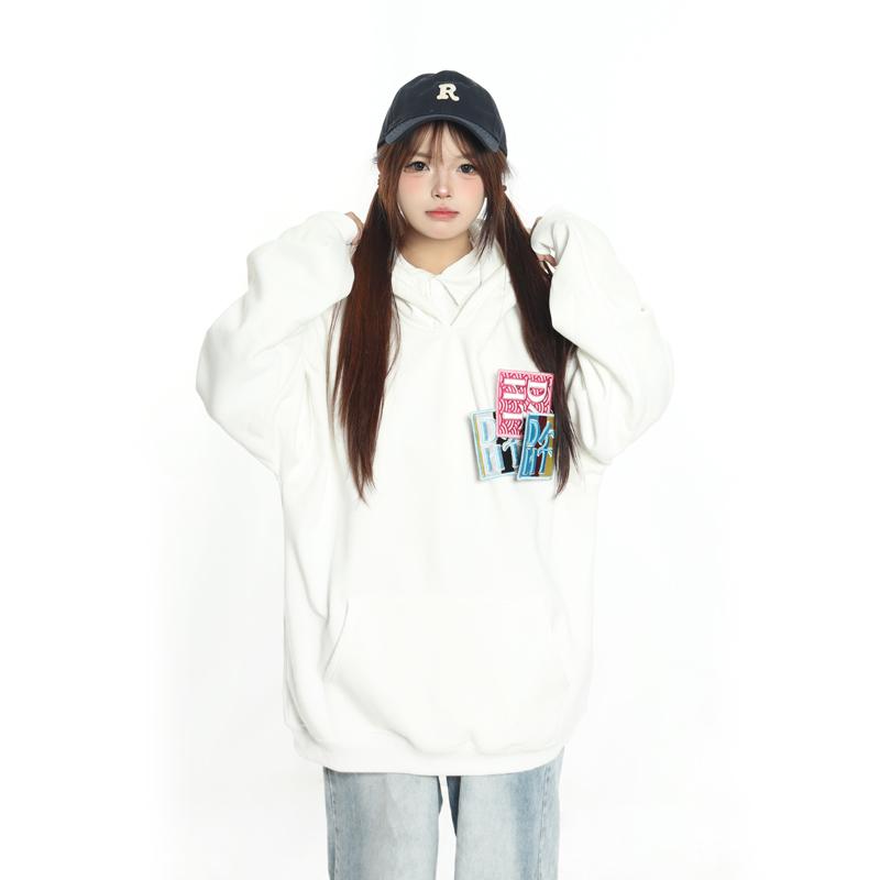 美式字母魔术贴宽松连帽卫衣男女