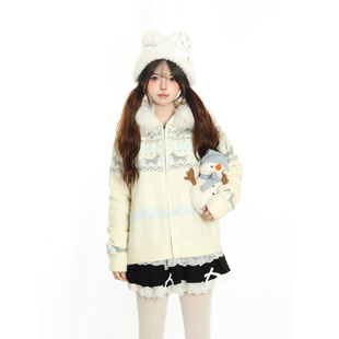 小杭还没吃饱原创国潮毛领费尔岛毛衣外套男女秋冬加厚情侣针织衫