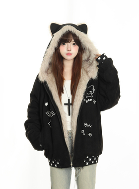 小杭还没吃饱原创冬季猫咪刺绣座山雕加厚保暖棉衣男女麂皮绒外套