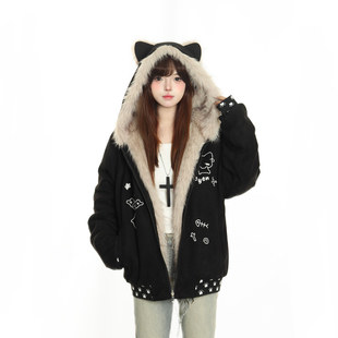 小杭还没吃饱原创冬季 猫咪刺绣座山雕加厚保暖棉衣男女麂皮绒外套