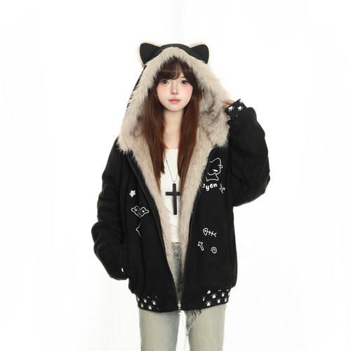 原创冬季猫咪刺绣座山雕保暖棉衣