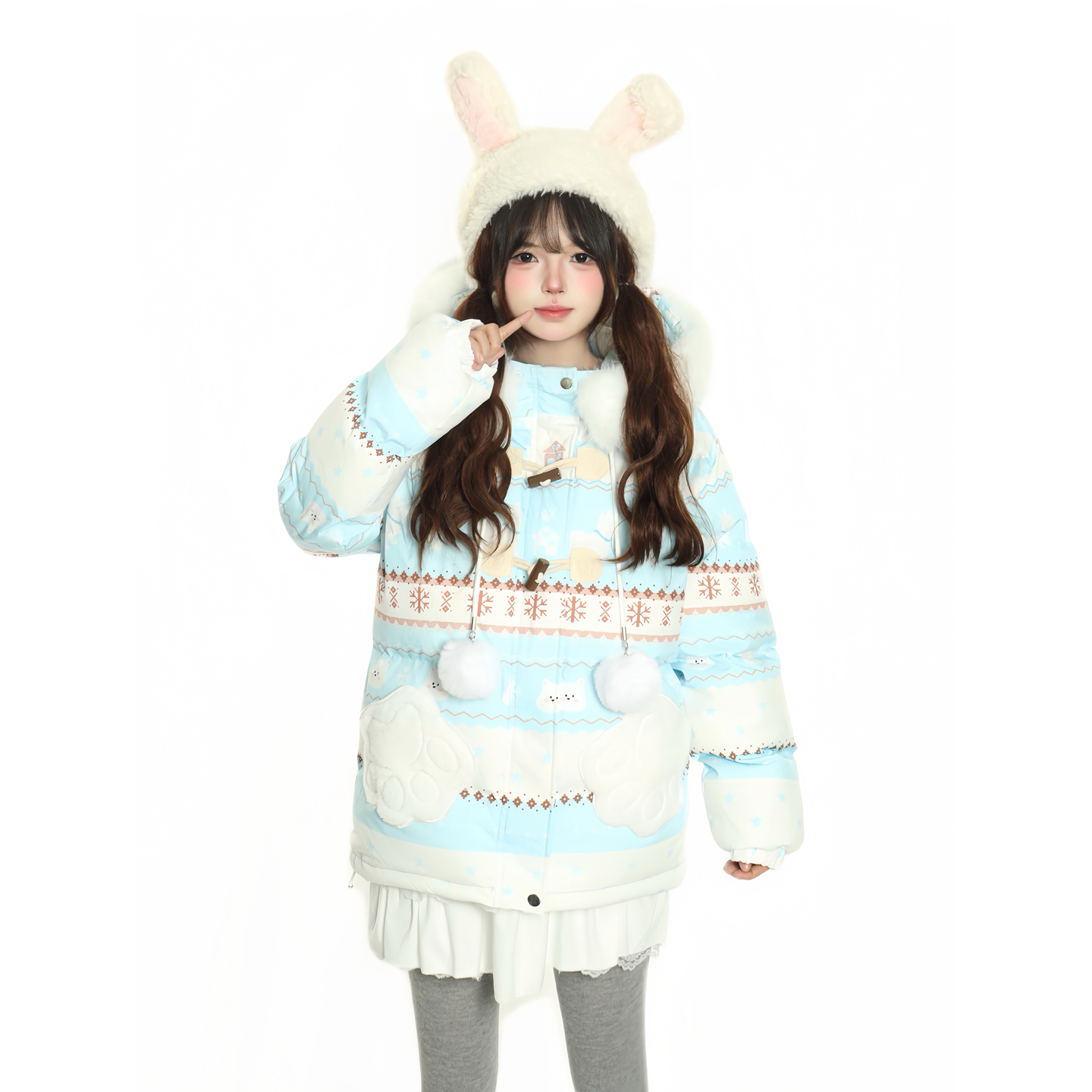 原创费尔岛小狗毛领连帽棉服女潮