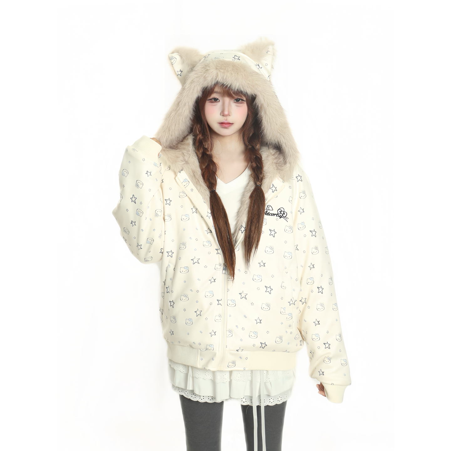 原创甜美毛领猫耳座山雕棉服女