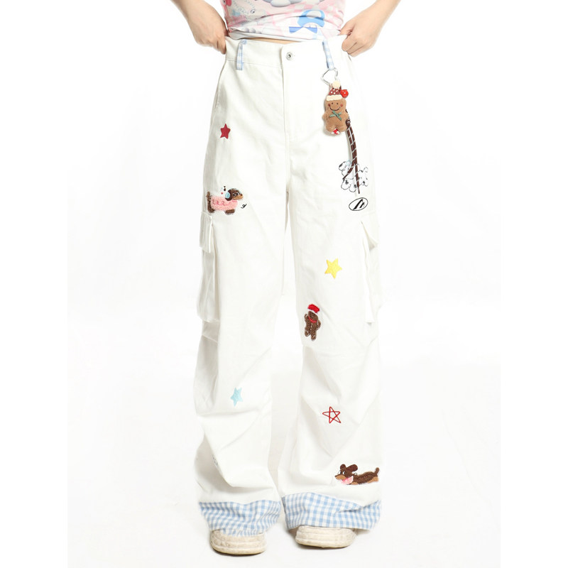 小杭还没吃饱美式复古格子翻边趣味工装裤多口袋宽松阔腿长裤男女,女装/女士精品,休闲裤,淘宝优惠券,粉丝福利购,淘宝优惠卷