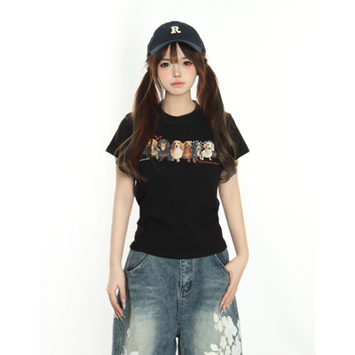 美式复古腊肠狗珍珠短款短袖女潮