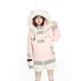 小杭还没吃饱原创甜酷猫咪刺绣派克服加厚保暖毛领连帽棉服冬季 女