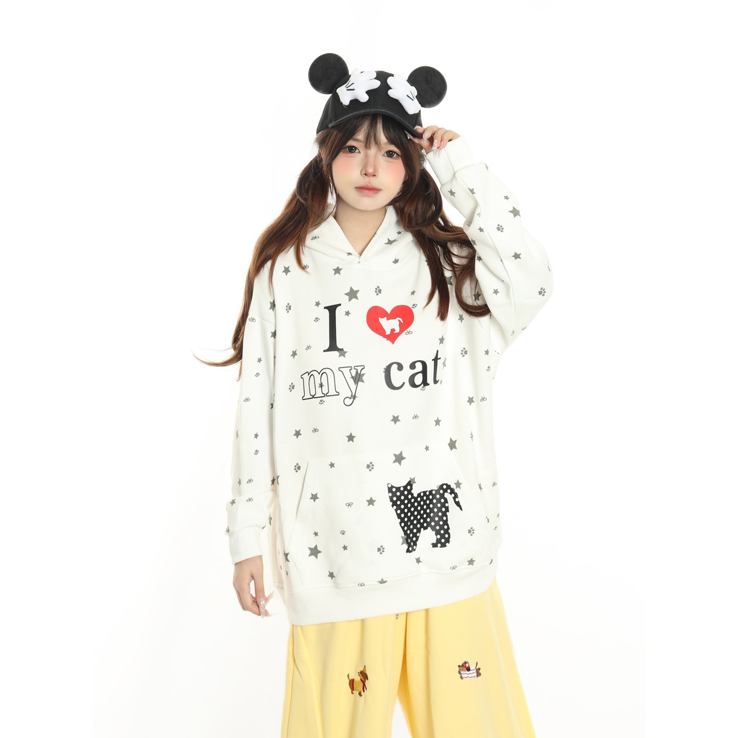 甜酷满印狗爪爱心连帽卫衣男女潮