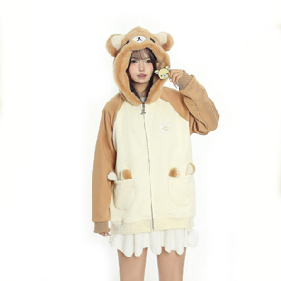 小杭还没吃饱原创可爱轻松小熊拼色外套魔术贴毛绒连帽情侣卫衣女