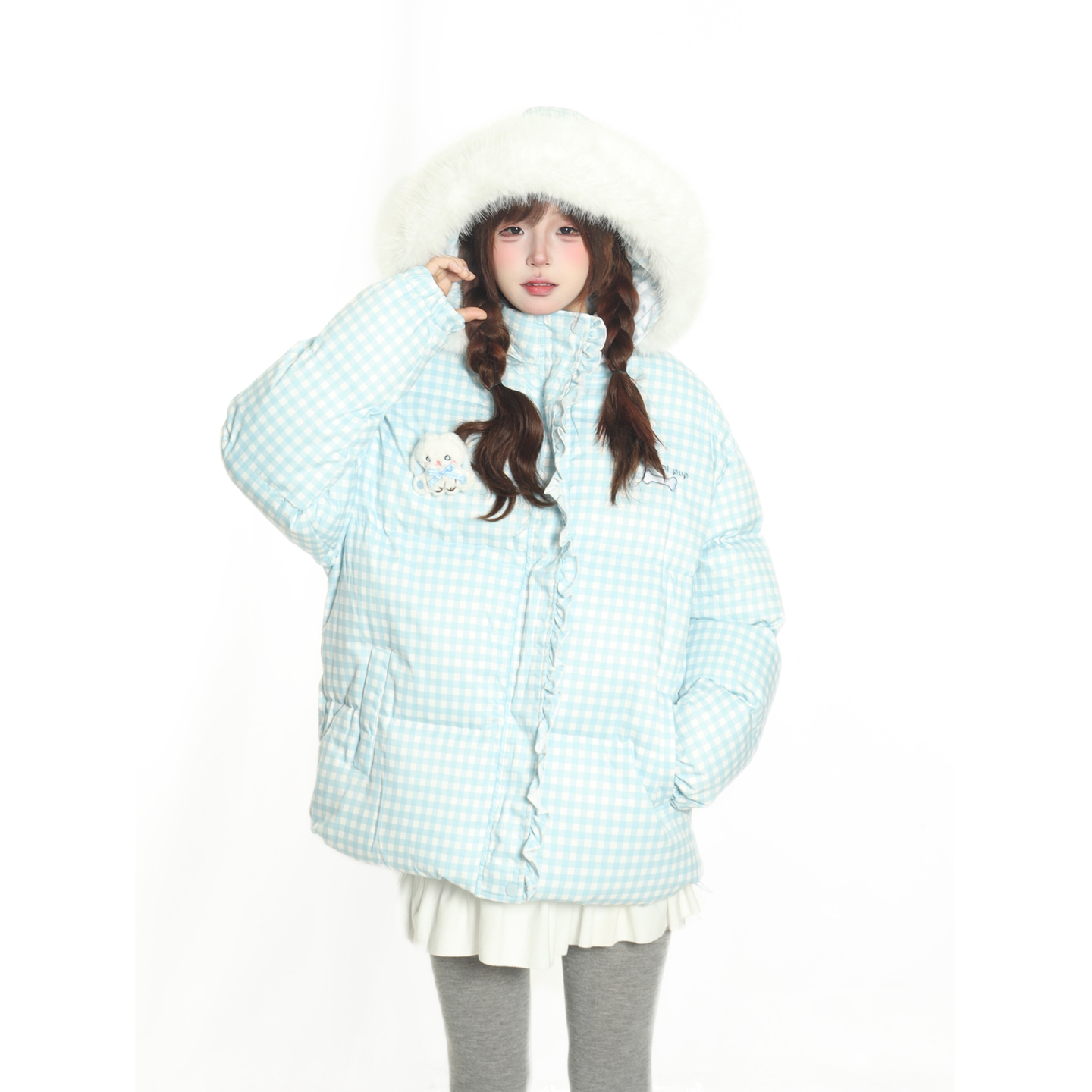原创甜美格子连帽保暖棉服女冬季