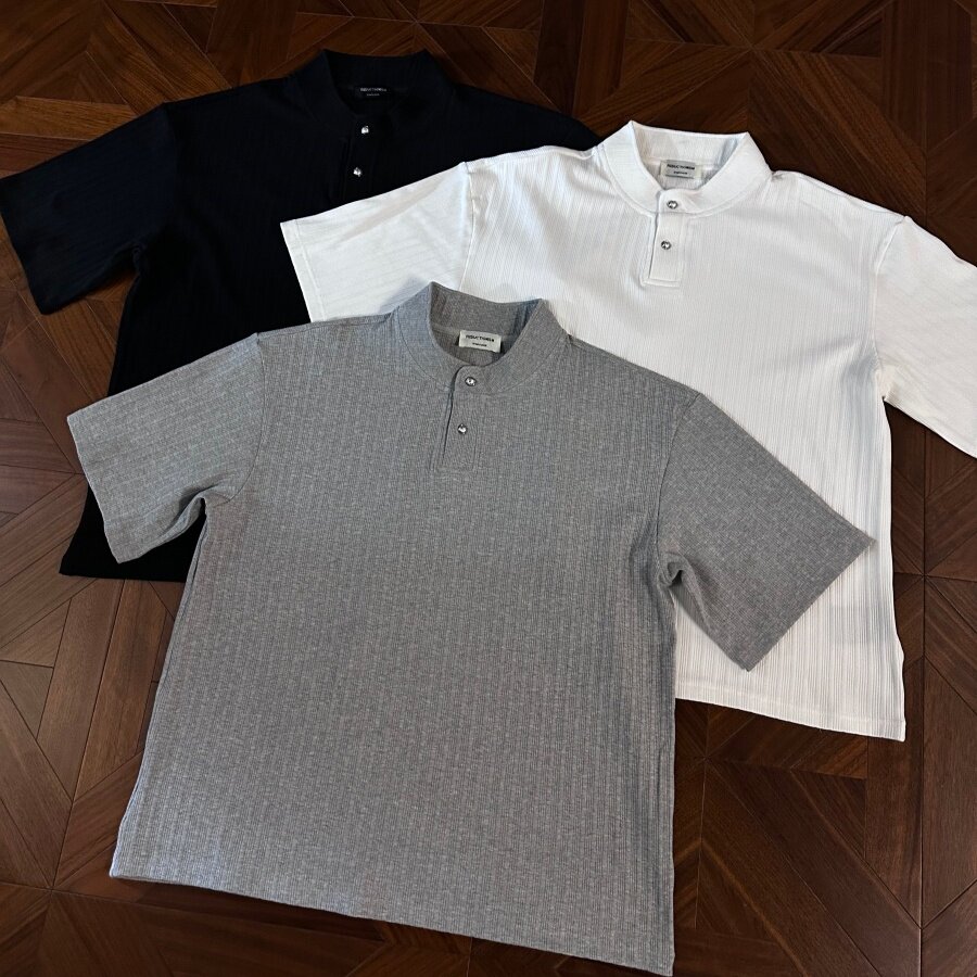 RTIMFD 晶石纽扣boxy版型三色透气短袖亨利领正肩合身打底凉感T夏