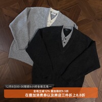 老钱风深V领假两件毛衣