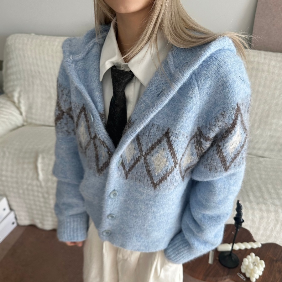 羊毛混纺费尔岛菱形格连帽毛衣