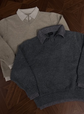 RTIMFD复古假两件v领翻领毛衣 cleanfit高级针织衫上衣慵懒风外套