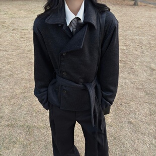 RTIMFD深灰澳州50羊毛双门襟系带毛呢外套挺阔骨感正肩短宽版夹克