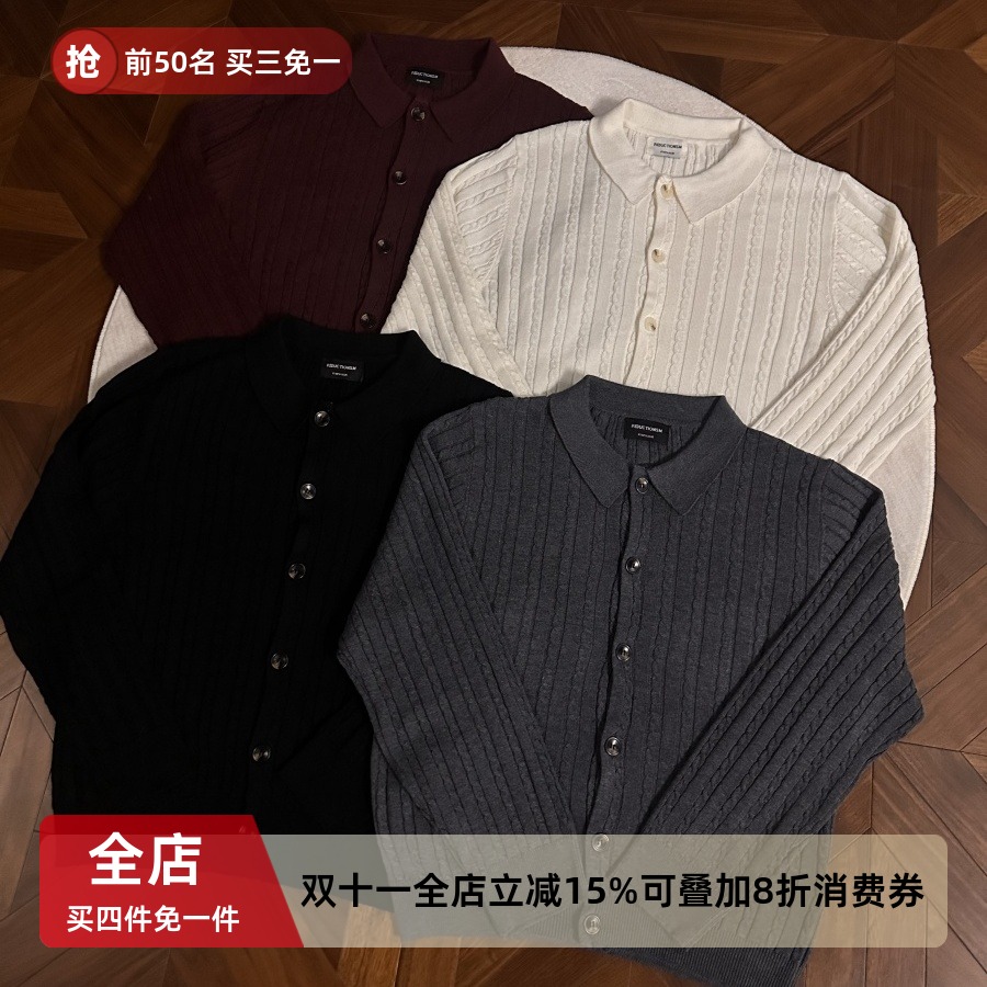 拉夫风细条纹纽花老钱风针织外套