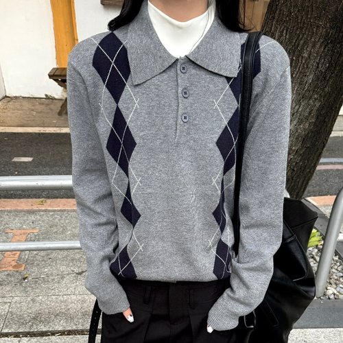 菱格针织Polo阿尔盖提花毛衣